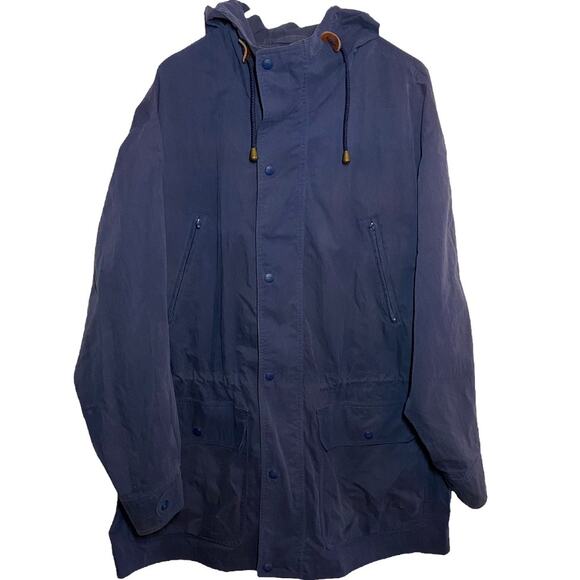 VTG L.L. Bean Parka Jacket Drawstring Hooded Zipper Snap Closure Blue Large - Picture 1 of 5